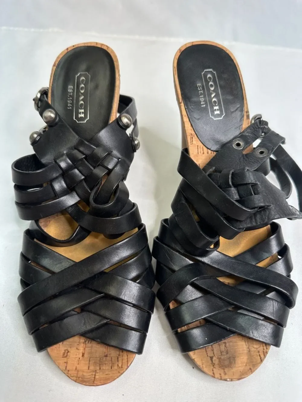 Coach Black Woven Leather Clog Mules with Silver Studs